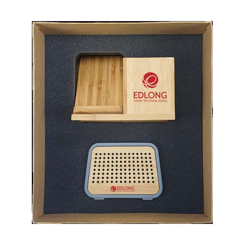 WGS-16 - Natural Cardboard Gift Box With Bamboo Pen Holder With Wireless Charger & Speaker